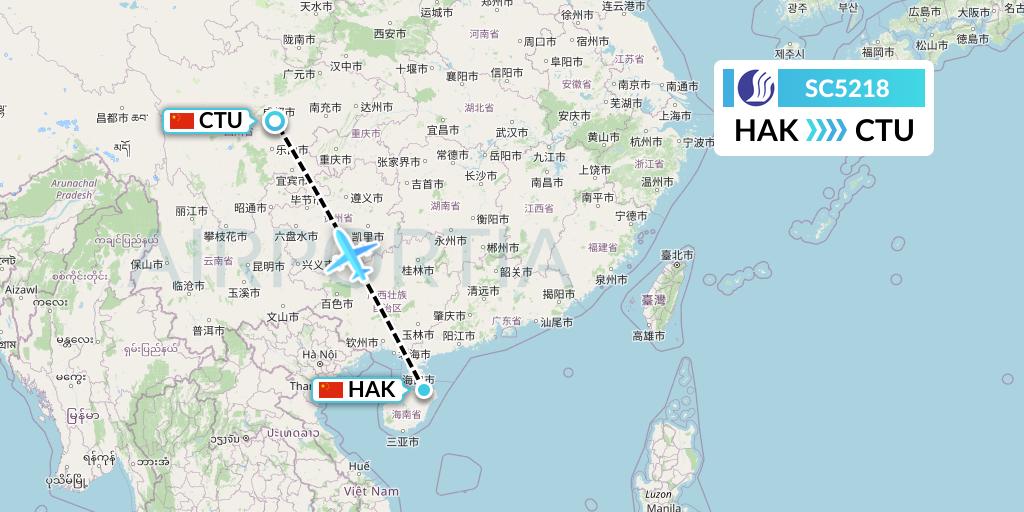 SC5218 Shandong Airlines Flight Map: Haikou to Chengdu