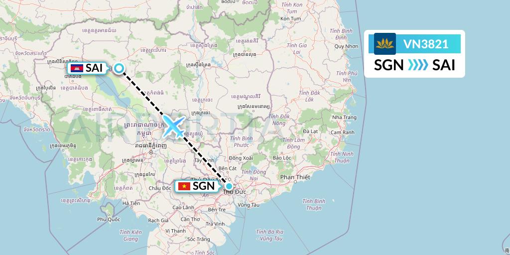 VN3821 Vietnam Airlines Flight Map: Ho Chi Minh City to Siem Reap