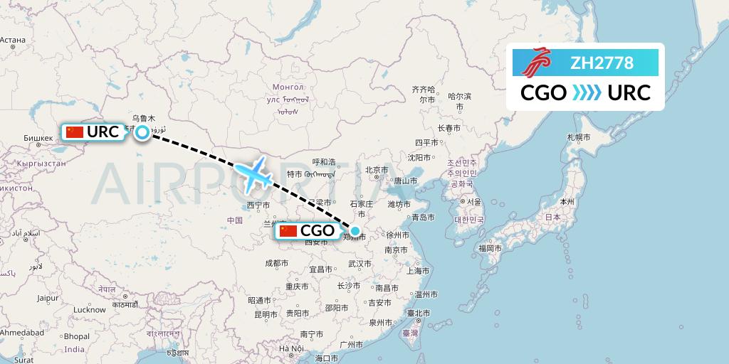 ZH2778 Shenzhen Airlines Flight Map: Zhengzhou to Urumqi