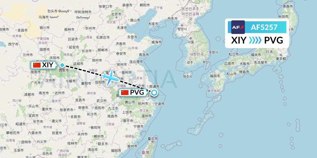AF5257 Air France Flight Map: Xi'an to Shanghai