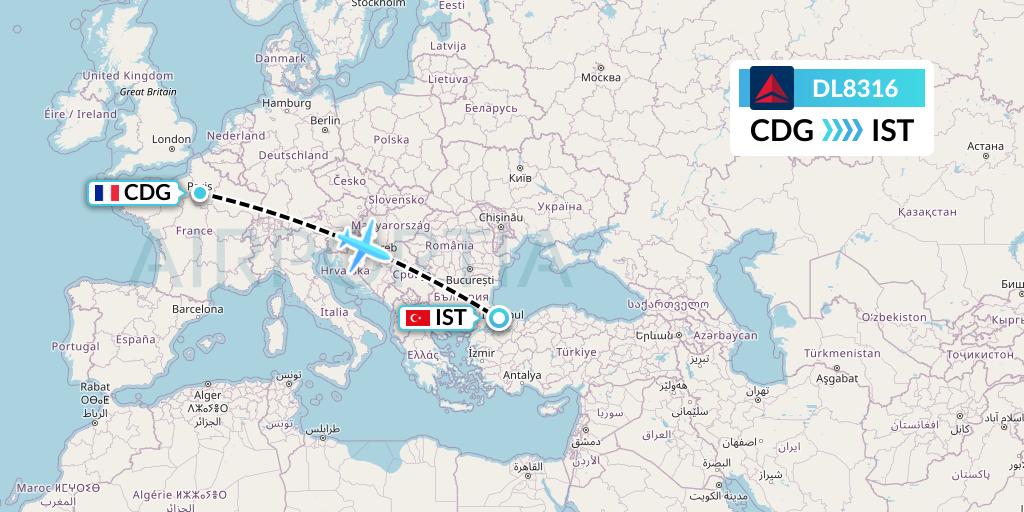 DL8316 Delta Air Lines Flight Map: Paris to Istanbul