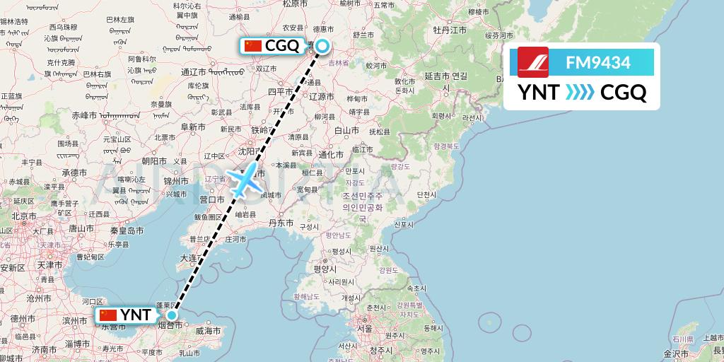 FM9434 Shanghai Airlines Flight Map: Yantai to Changchun