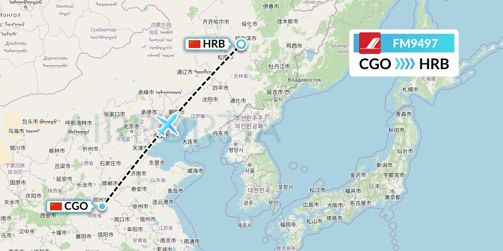 FM9497 Shanghai Airlines Flight Map: Zhengzhou to Harbin