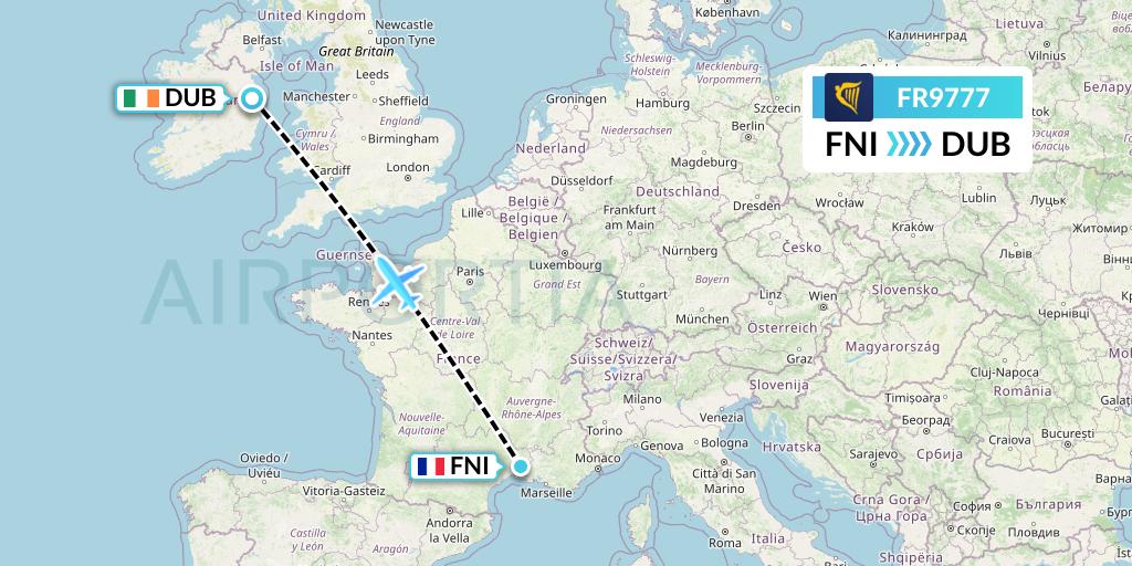 FR9777 Ryanair Flight Map: Nimes to Dublin