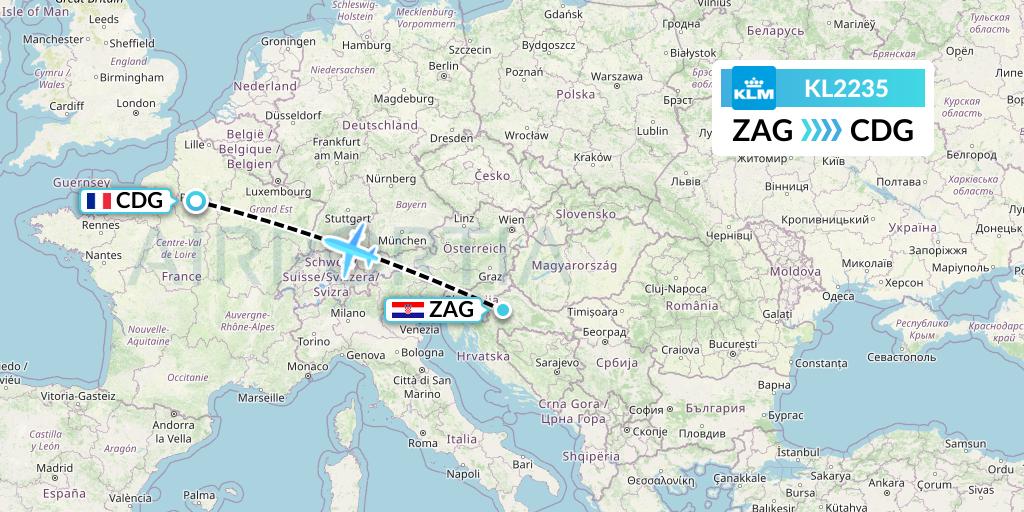 KL2235 KLM Flight Map: Zagreb to Paris