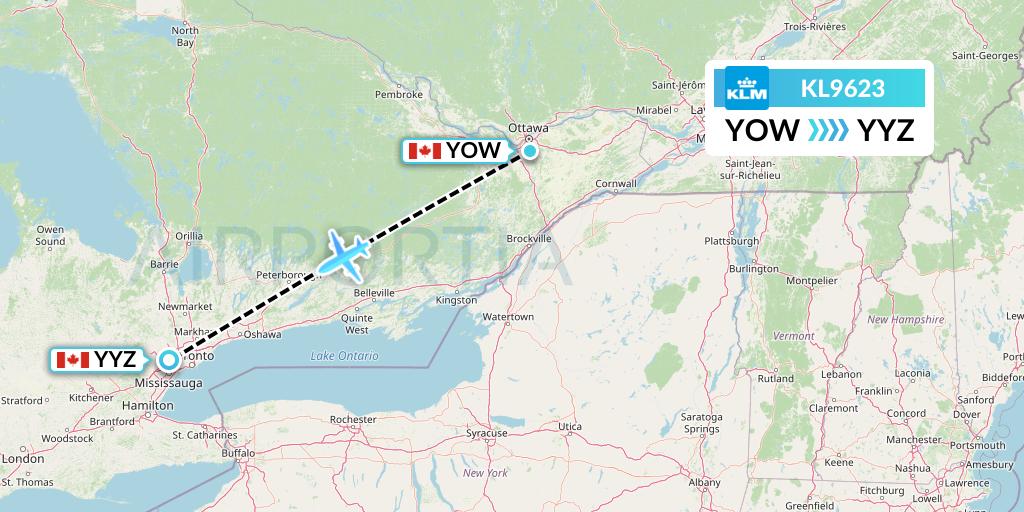 KL9623 KLM Flight Map: Ottawa to Toronto