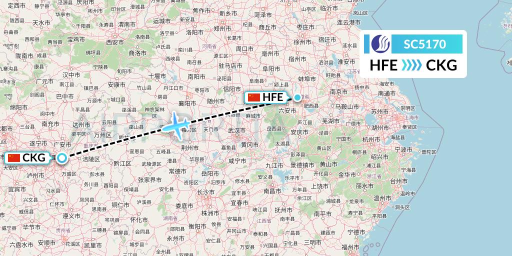SC5170 Shandong Airlines Flight Map: Hefei to Chongqing