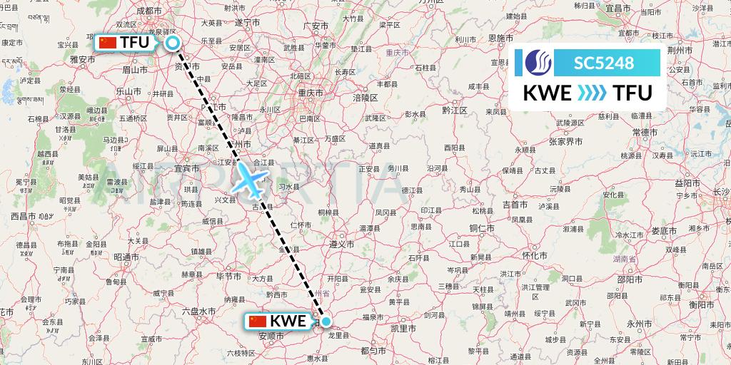 SC5248 Shandong Airlines Flight Map: Guiyang to Chengdu