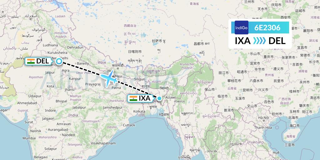 6E2306 IndiGo Airlines Flight Map: Agartala to Delhi