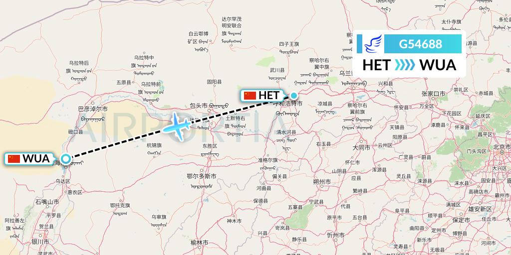 G54688 China Express Airlines Flight Map: Hohhot to Wuhai