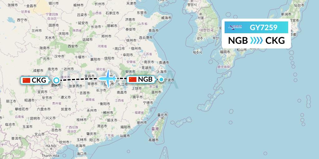 GY7259 Colorful GuiZhou Airlines Flight Map: Ningbo to Chongqing