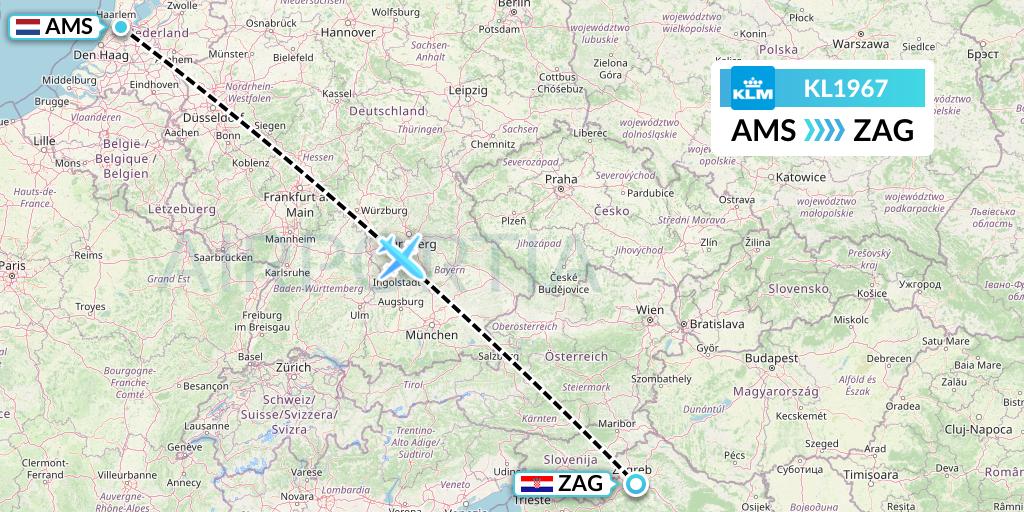 KL1967 KLM Flight Map: Amsterdam to Zagreb