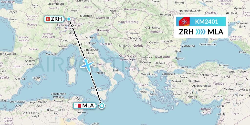 KM2401 Air Malta Flight Map: Zurich to Malta