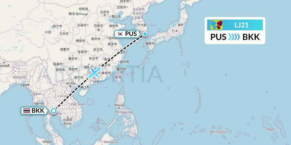 LJ21 Jin Air Flight Map: Busan to Bangkok