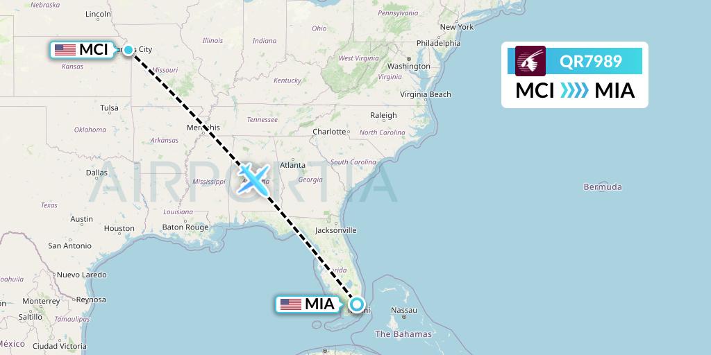 QR7989 Qatar Airways Flight Map: Kansas City to Miami
