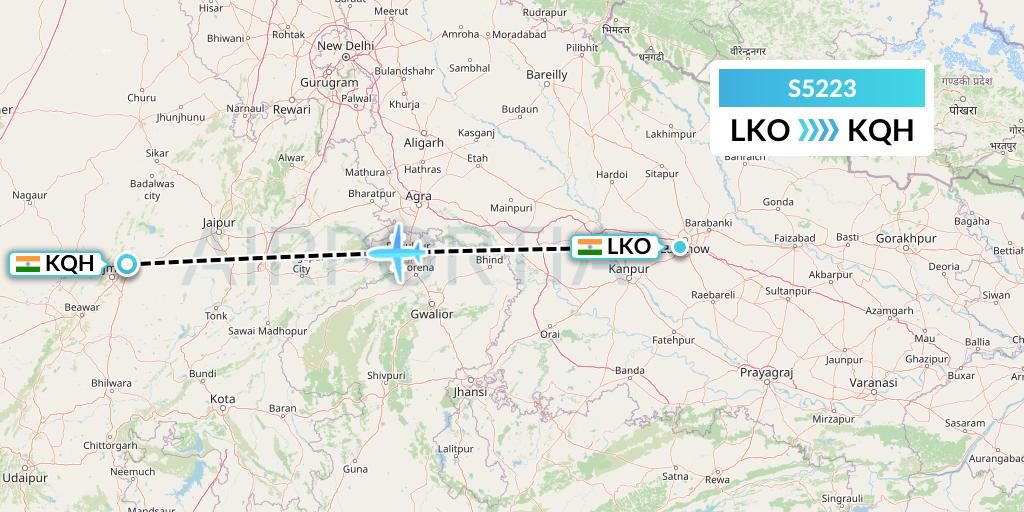 S5223 Star Air Flight Map: Lucknow to Jaipur