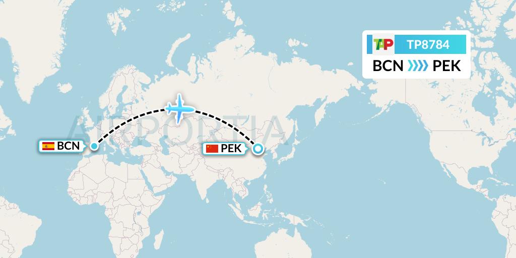TP8784 TAP Portugal Flight Map: Barcelona to Beijing