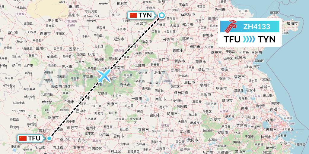 ZH4133 Shenzhen Airlines Flight Map: Chengdu to Taiyuan