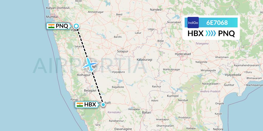 6E7068 IndiGo Airlines Flight Map: Hubli to Pune