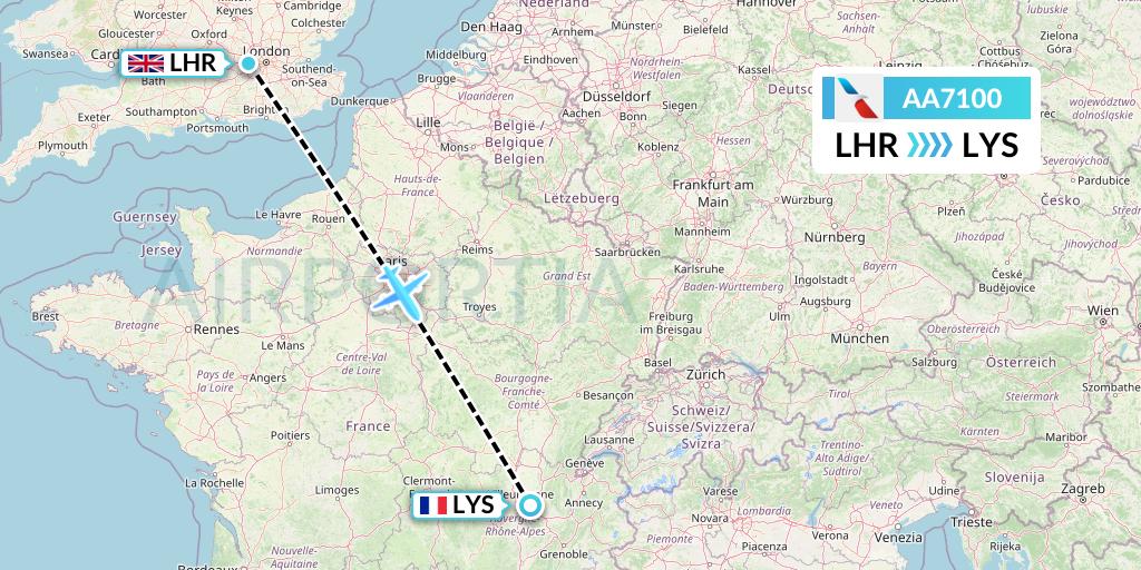 AA7100 American Airlines Flight Map: London to Lyon