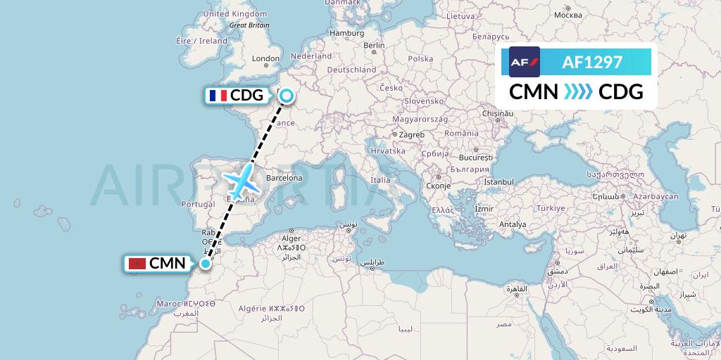 AF1297 Air France Flight Map: Casablanca to Paris