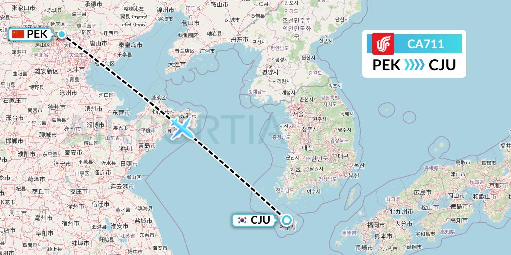 CA711 Air China Flight Map: Beijing to Jeju