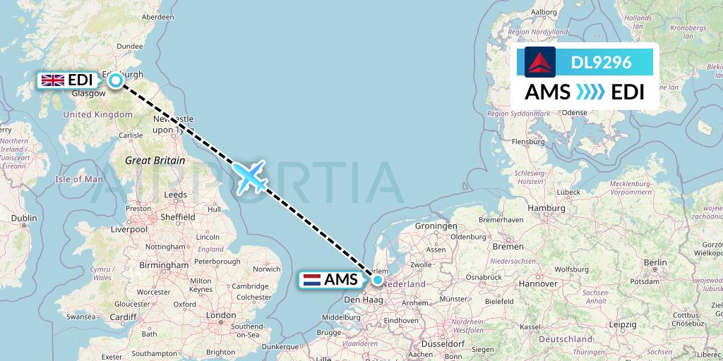 DL9296 Delta Air Lines Flight Map: Amsterdam to Edinburgh