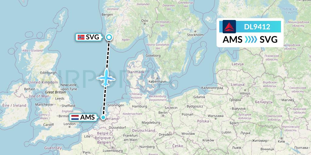 DL9412 Delta Air Lines Flight Map: Amsterdam to Stavanger