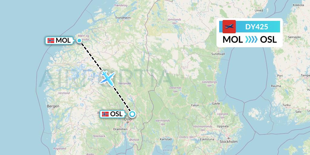 DY425 Norwegian Flight Map: Molde to Oslo