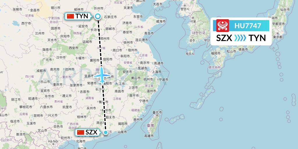 HU7747 Hainan Airlines Flight Map: Shenzhen to Taiyuan