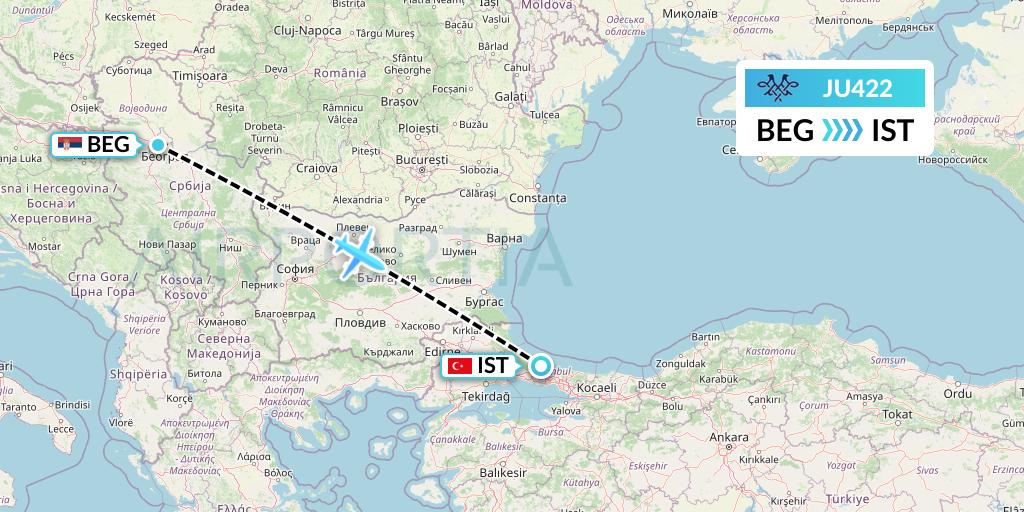 JU422 AirSERBIA Flight Map: Belgrade to Istanbul