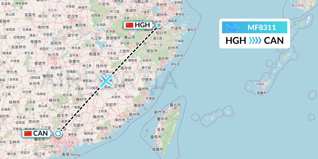 MF8311 Xiamen Airlines Flight Map: Hangzhou to Guangzhou