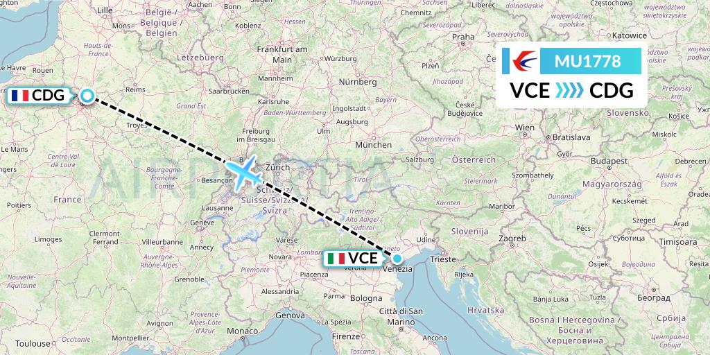MU1778 China Eastern Airlines Flight Map: Venice to Paris