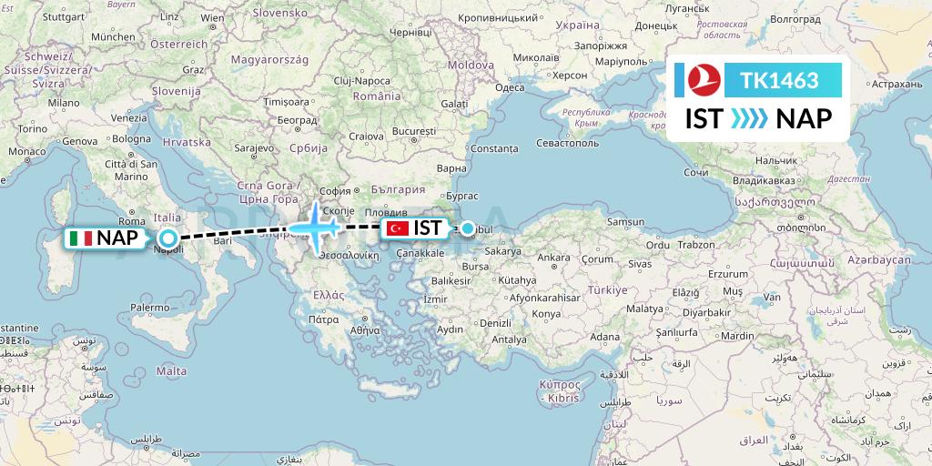 TK1463 Turkish Airlines Flight Map: Istanbul to Naples