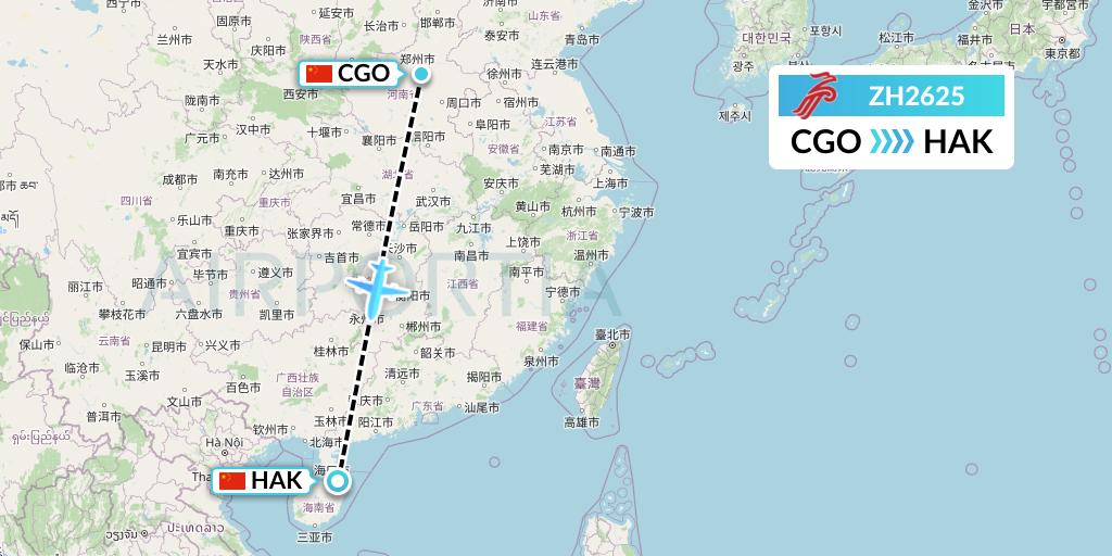 ZH2625 Shenzhen Airlines Flight Map: Zhengzhou to Haikou