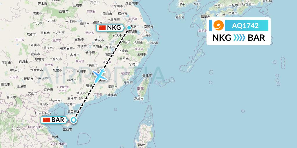 AQ1742 9 Air Flight Map: Nanjing to Qionghai