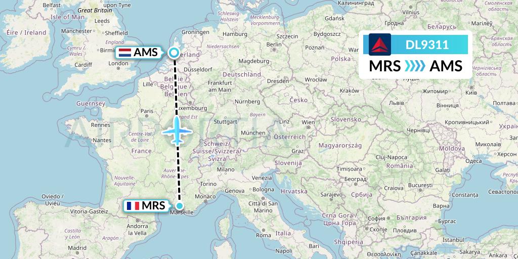 DL9311 Delta Air Lines Flight Map: Marseille to Amsterdam