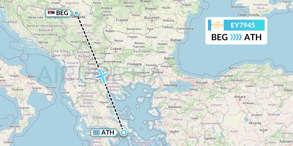 EY7945 Etihad Airways Flight Map: Belgrade to Athens
