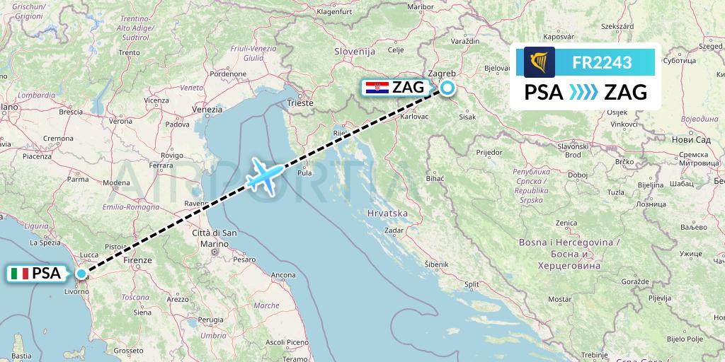FR2243 Ryanair Flight Map: Pisa to Zagreb