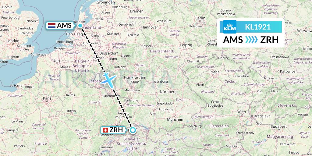 KL1921 KLM Flight Map: Amsterdam to Zurich