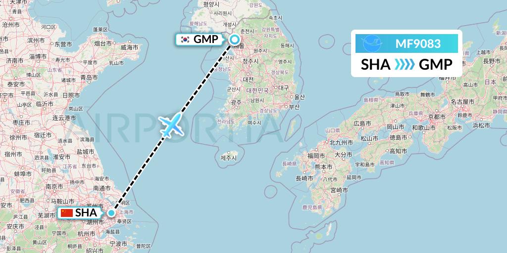 MF9083 Xiamen Airlines Flight Map: Shanghai to Seoul