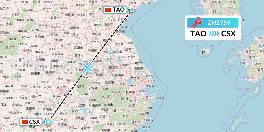 ZH2759 Shenzhen Airlines Flight Map: Qingdao to Changsha