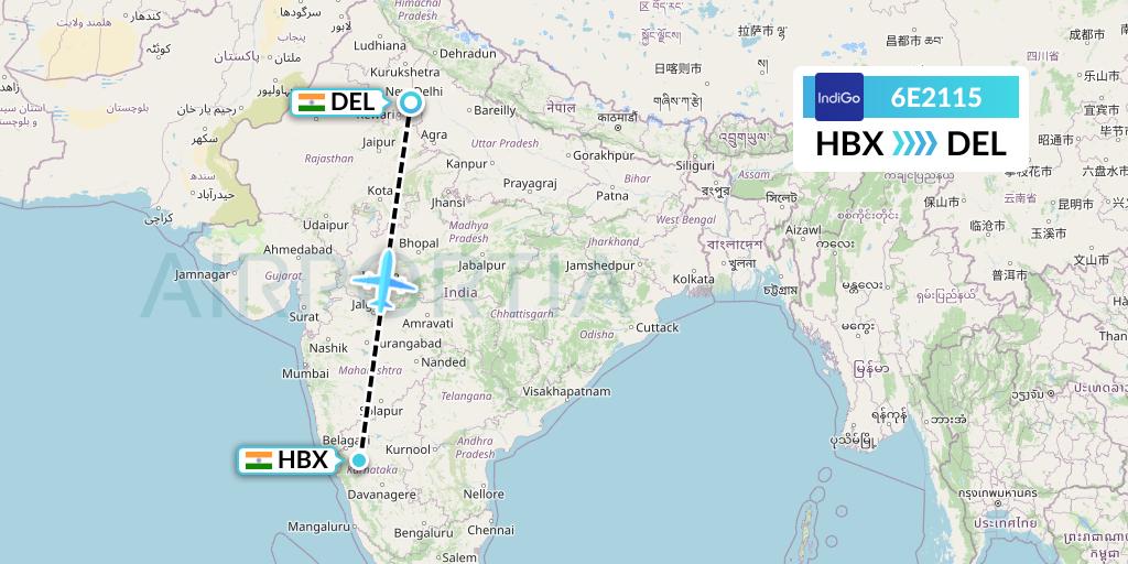 6E2115 IndiGo Airlines Flight Map: Hubli to Delhi