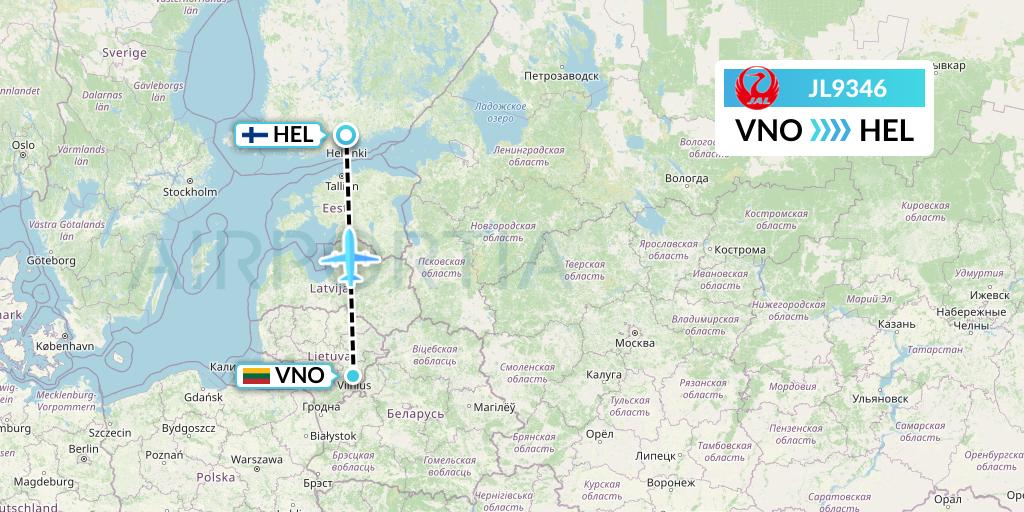 JL9346 Japan Airlines Flight Map: Vilnius to Helsinki