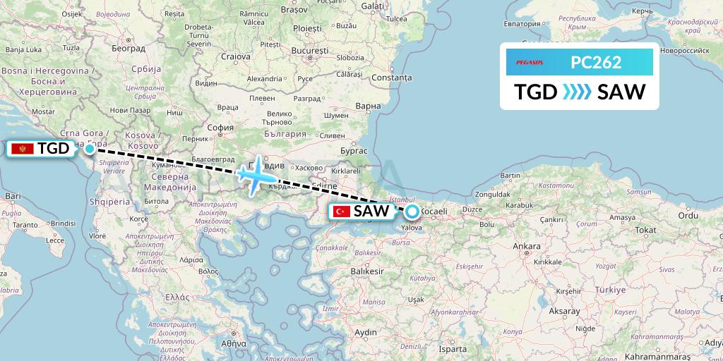 PC262 Pegasus Airlines Flight Map: Podgorica to Istanbul