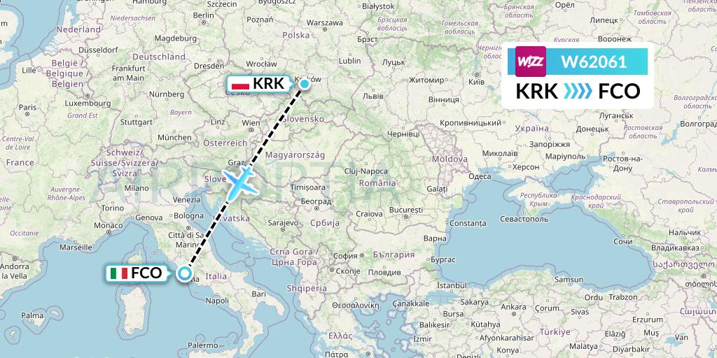 W62061 Wizz Air Flight Map: Krakow to Rome