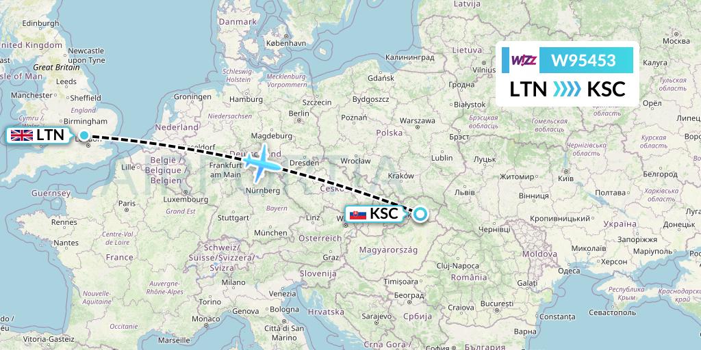 W95453 Wizz Air UK Flight Map: London to Kosice