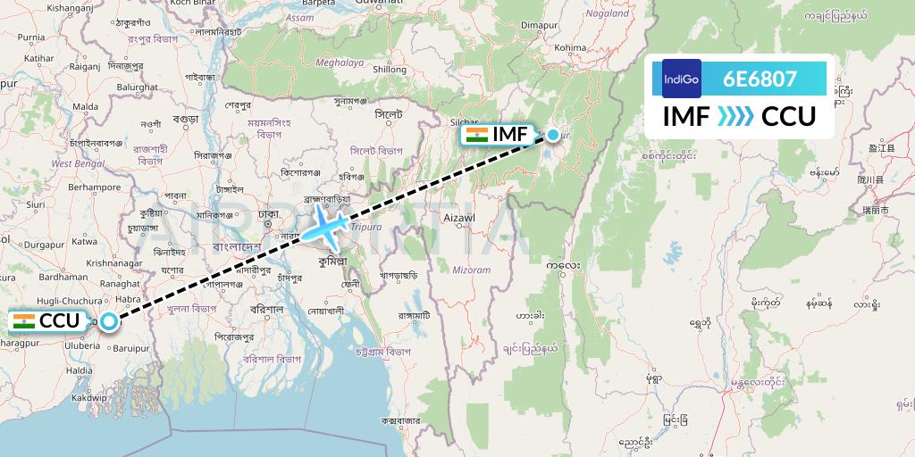 6E6807 IndiGo Airlines Flight Map: Imphal to Kolkata