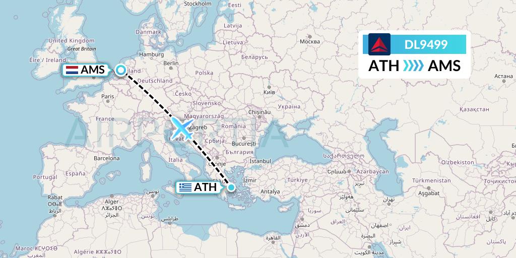 DL9499 Delta Air Lines Flight Map: Athens to Amsterdam