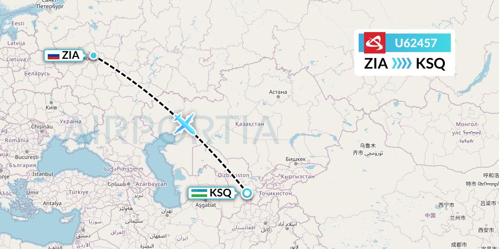 U62457 Ural Airlines Flight Map: Moscow to Karshi